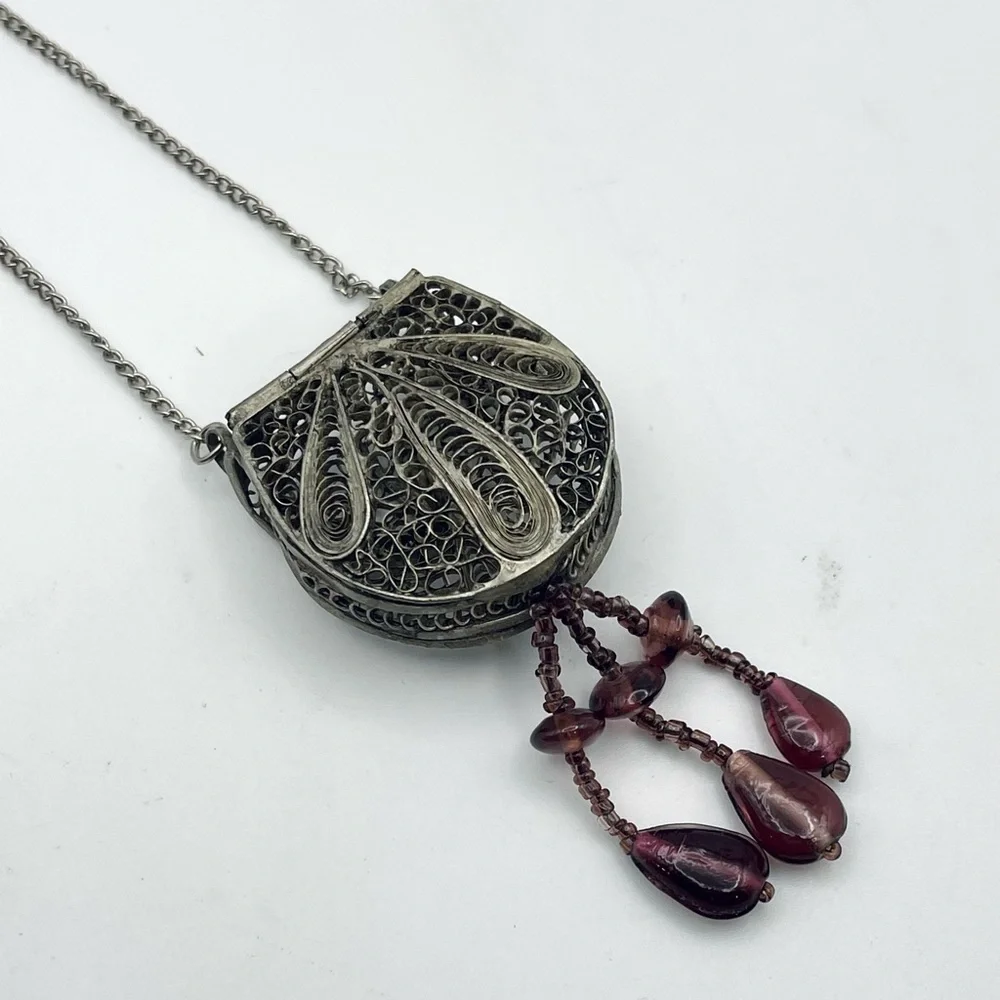 Antique Silver Filigree Purse Pendant Necklace With Amethyst Accents - Picture 12 of 15